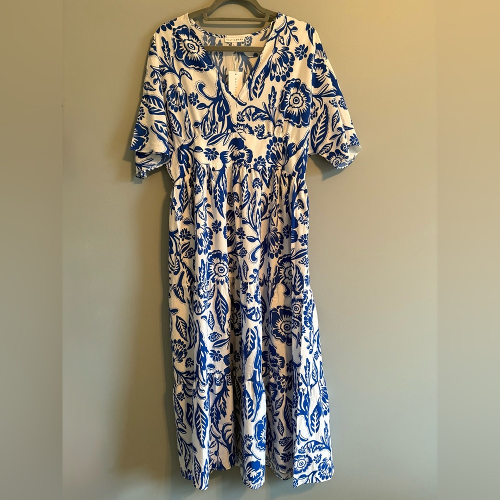 Blue and White Floral V-Neck Maxi Dress - Picture 2 of 9